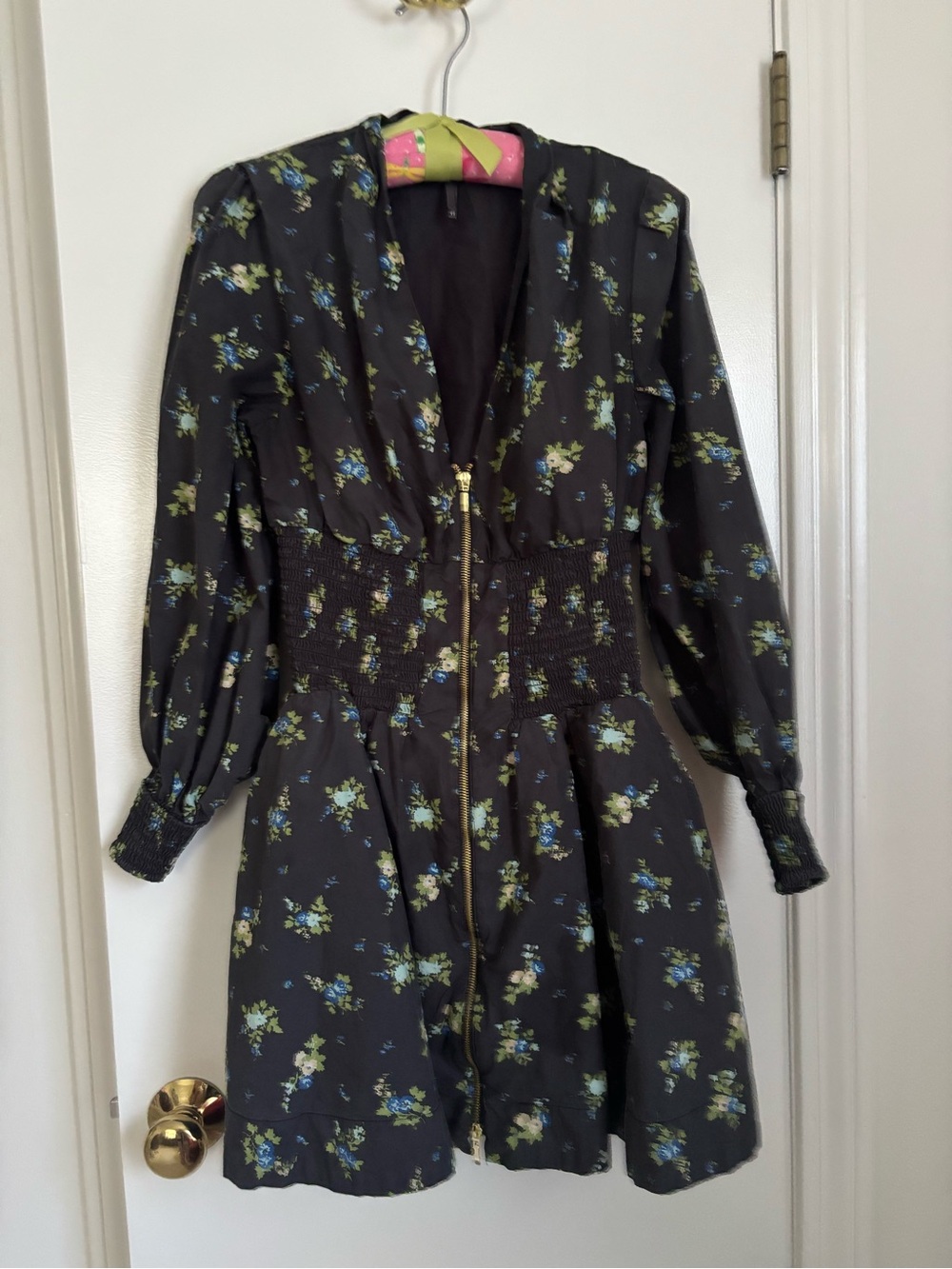 Anthropologie Black Floral Long-Sleeve Smocked Waist Dress with Gold Zip